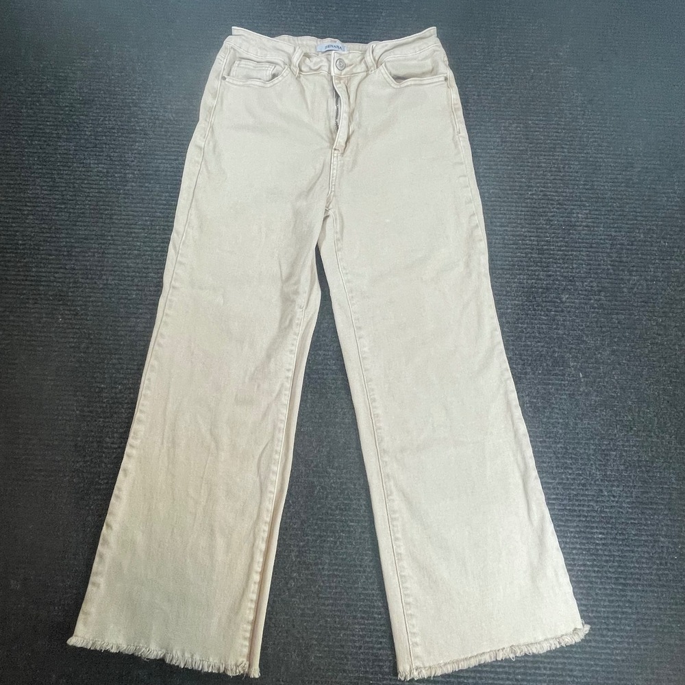 Zenana Women Tan Khaki Wide Leg Raw Hem Pants Stretch Size M DMP-1847D4